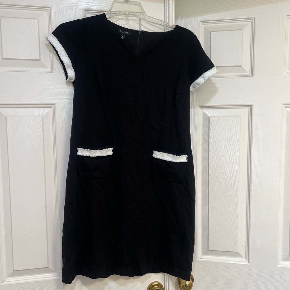 Talbots Black White Classic Preppy Fringe Trimmed Ponte Sheath Work Dress 8P